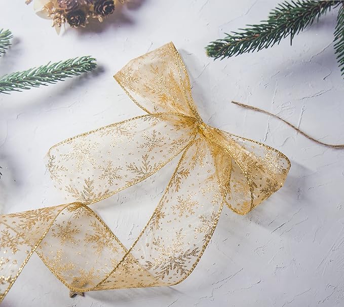CT CRAFT LLC Organza with Gold Glitter Snowflakes Wired Ribbon 2.5 inch x 50 Yards for Christmas Home Decor Tree Topper Bow Gift Wrapping DIY Crafts Wreath Garland Wedding