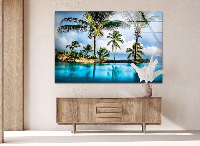 My Photostation.com 60WX40H'' Island & Blue Sea Glass Wall ArtTempered Glass Printing Wall Decor Large Wall Art Wall Hangings