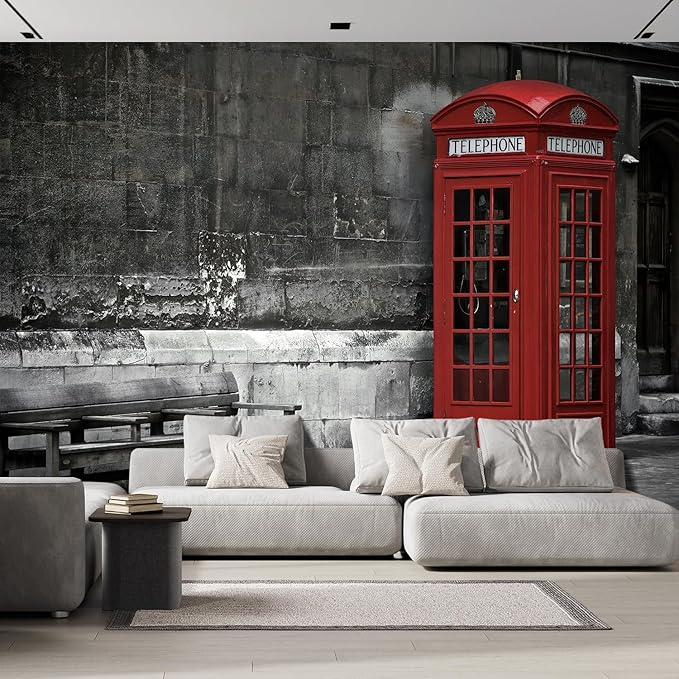 wall26 British Phone Booth in London, United Kingdom Removable Wall Mural | Self-Adhesive Large Wallpaper - 108x144 inches