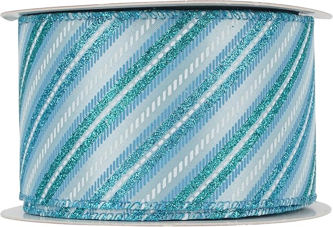 MEEDEE Blue Diagonal Stripe Ribbon 2.5 Inch Blue Satin with Turquoise and Teal Glitter Wired Ribbon for Wreath Bow, Topper Bow, Tree, Garlands (10 Yards)