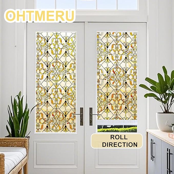 3D Stained Glass Window Privacy Film, Heat Control UV Blocking Static Cling Decorative Window Film for Bathroom,Front Door,Home Non Adhesive,GiltGaze 16.9 x 78.7 inches