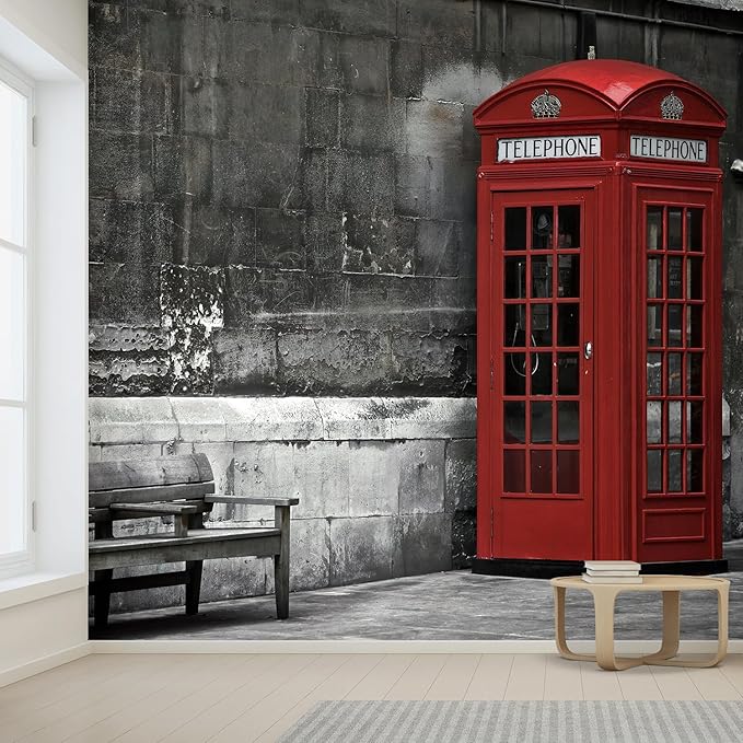 wall26 Wall Sticker/Wall Mural British Phone Booth in London, Not Peel and Stick, Non-Woven Wallpaper Decorative for Bedroom, Living Room, Office - 99x96 inches
