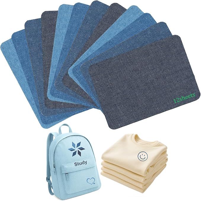 Iron-On Fabric Patches for Clothing, 12 Sheets 3" by 4-1/4", Durable Washable Iron On or Sew On Repair Patches for Jeans, Denim Jackets, Pants, Shirts, Bags, Backpacks, DIY Crafts