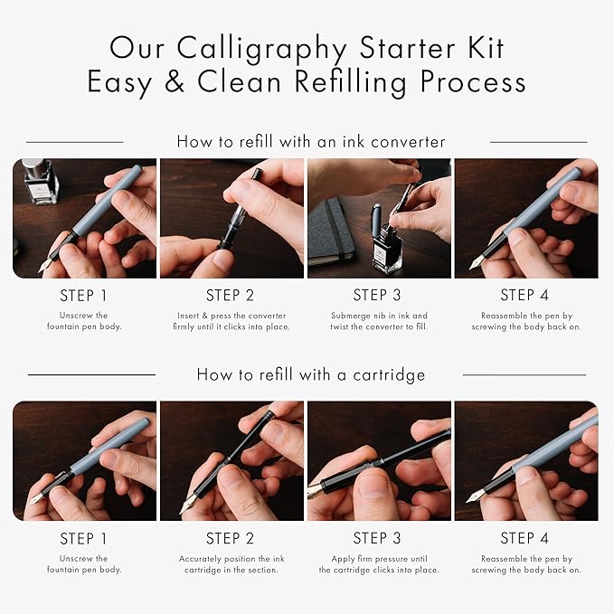 Wordsworth and Black Calligraphy Pen Set - Grey - Includes 2 Calligraphy Pens, 18 ML Ink Bottle, 60 Ink Cartridges, Ink Refill Converter, 1 Medium and 4 Broad Nibs, Brush Pen