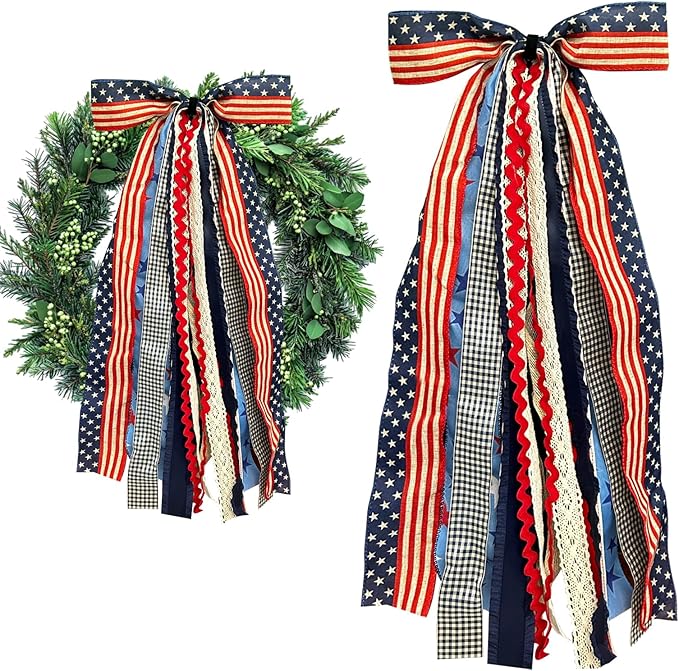 Large Patriotic Star Ribbons Bow for Wreath, Red White Buffalo Plaid Fabric Ribbons Set Assorted Lace Ribbon 4th of July Clip-On Wreath Sash Ribbon Bundle for Patriotic Indoor Outdoor Decor