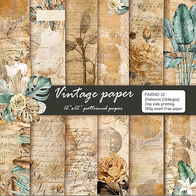 YASMEN Scrapbook Paper Pad 12x12, Vintage Patterned Cardstock, Single-Sided Decopodge, Retro Decorative Craft Paper, Scrapbooking Junk Journal Gift Card Making Supplies - 24 Sheets