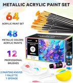 64 PCS Metallic Acrylic Paint Set with 12 Brushes, 2 Knives & Palette, 48 Colors (2oz/60ml) Art Craft Paint for Adults Kids Artists Beginners, Halloween Pumpkin Canvas Ceramic Rock Painting Kit