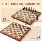 MerryPony 2 in 1 Magnetic Wooden Chess and Checkers Set, 15" Foldable Chess set for Adults & Kids, Chess Board with 2 Extra Queens, Travel Chess Set with Pieces Storage Slots, Ideal Chess for Beginner