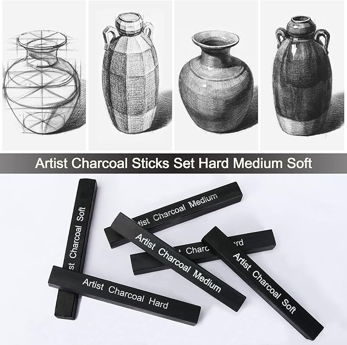 12 Pack Compressed Charcoal Sticks, Vine Charcoal Stick for Drawing, Sketching, Shading, Art Supplies Sketch Kits Tools Soft, Medium and Hard Grade