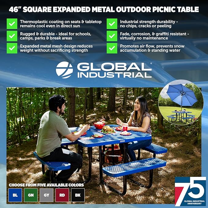 Global Industrial 46" Square Picnic Table, Expanded Metal, Red Thermoplastic Coating, Attached Benches, 1-1/2” Umbrella Pole Hole, Outdoor-Rated, 1000 lb Capacity