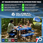 Global Industrial 46" Square Picnic Table, Expanded Metal, Black Thermoplastic Coating, Attached Benches, 1-1/2” Umbrella Pole Hole, Outdoor-Rated, 1000 lb Capacity