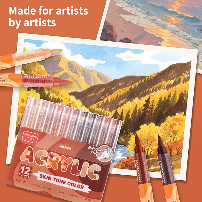Guangna Acrylic Paint Markers 12 Colors, Skin Tone Series Set with Soft Brush Tip Water Based, Fine Tip Markers for Wood, Canvas, Rock Painting, Glass, Diy Crafts, Fabric Paint