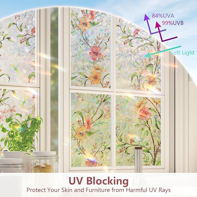 NINETREX Window Privacy Film,Stained Glass Window Film,Rainbow Decorative Stickers Static Cling Anti UV Heat Control for Home Decor (Galsang Flower,17.5 x 78.7inch)