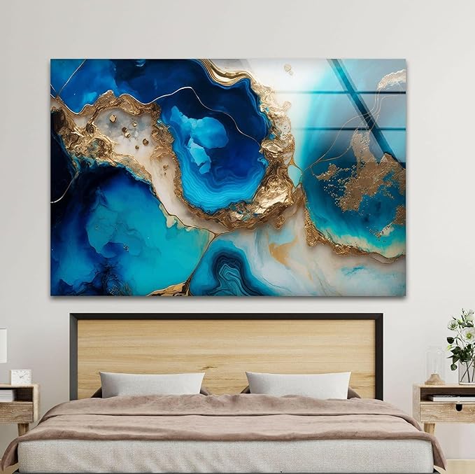 My Photostation.com 43Wx27H'' Blue Alcohol ink Glass Wall ArtTempered Glass Printing Wall Decor Large Wall Art Wall Hangings