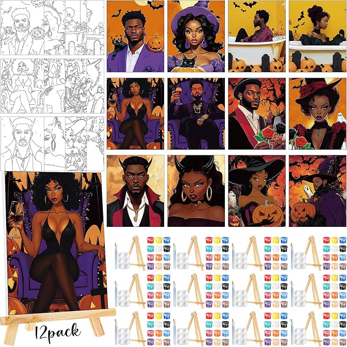 Zhanmai 12 Pack Pre Drawn Canvas for Painting Sip and Paint Kit 8" x 10" Paint Party Set Canvas Painting Pre Printed Canvases for Party Favor DIY Virtual Adult's Date Night(Witch Couple)