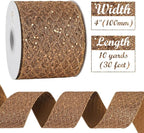 HUIHUANG Copper Wired Ribbon 4 inch Glitter Christmas Wired Ribbon Diamond Mesh Wire Ribbon for X-mas Tree Decorations, Wreaths, Garland, Large Bows Making, Thanksgiving Fall Decor -10 Yards