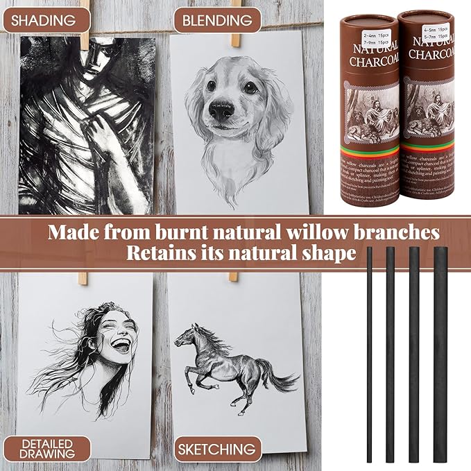 Gueevin 60 Pcs Willow Charcoal Sticks, Willow Charcoal, Artists, Beginners, Students, Perfect for Sketching, Drawing, Shading, and Fine Art Christmas Gifts for Art (2-4mm，4-5mm，5-7mm，7-9mm)