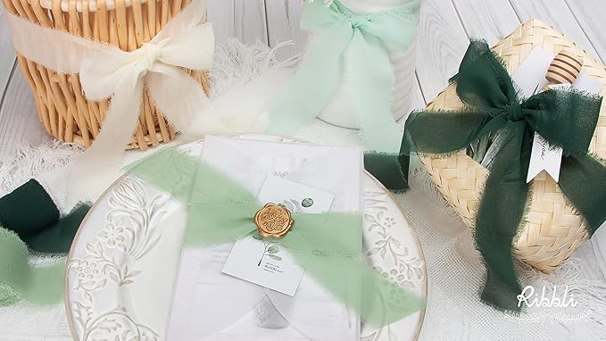 Ribbli Forest Green Chiffon Ribbon 1-1/2 inch x 20 Yard Handmade Fringe Chiffon Silk Ribbon,Black Ribbon for Wedding Invitations, Bridal Bouquets Wrapping, Flower Arrangement Decoration