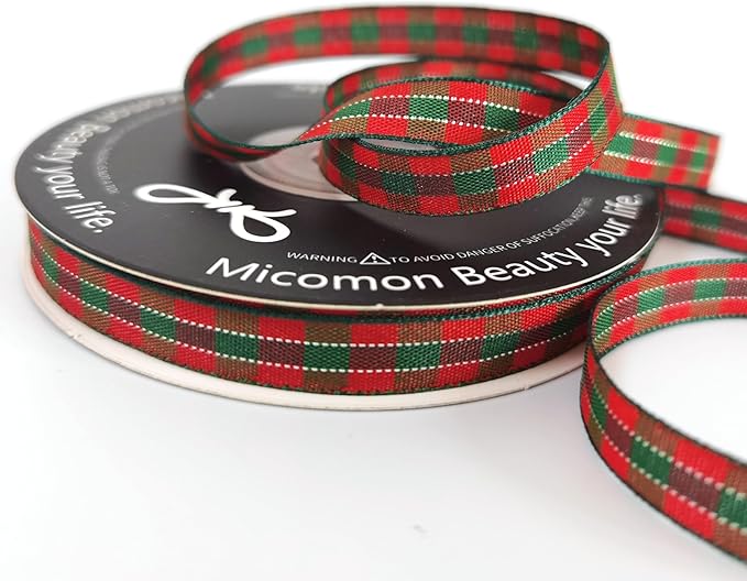 Micomon X'Mas Gingham Ribbon Green Red Metallic Gingham Ribbon 25 Yards Each Roll 100% Polyester (3/8",RedGreenGold)
