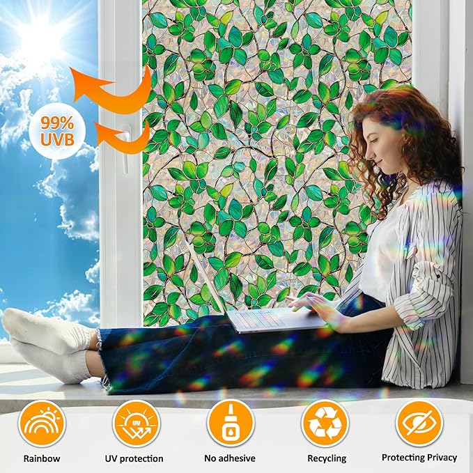 Window Privacy Film Stain Glass Window Film Rainbow Window Film Window clings Non-Adhesive Reusable Decorative for Room (Greenery Leaf, 17.5 x 157.4 in)