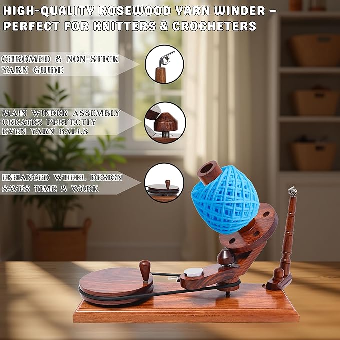 Bhartiya Handicrafts Rosewood Yarn Winder | Large Capacity 10 oz Wooden Yarn Winder for Knitting, Crocheting and Weaving | Table Top Wood Yarn Swift and Ball Winder