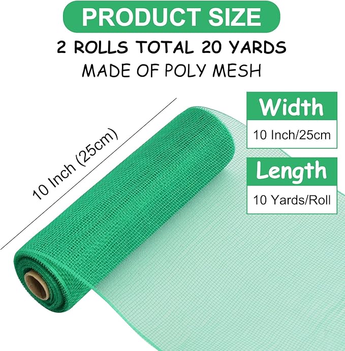 TONIFUL 2 Rolls 10 Inch Green Decorative Mesh Ribbbon Rolls, Fabric Mesh for Mesh Wreath Supplies, Front Door Wreath Crafts Tree Decor Christmas NewYears Halloween Decoration (10 yds/roll)