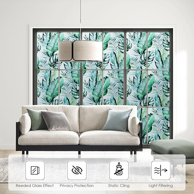 DKTIE Nature Pattern Rainbow Window Film Decorative Stained Glass Window Film Static Cling Films Easy Apply Removable Comes with Tools (U560-Reeded Glass, 17.7" x 78.7")