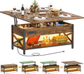 Aheaplus Coffee Table Lift Top with LED Light and Power Outlet, Multi-Function Coffee Table Converts to Dining Table, Center Table with Shelves for Living Room Reception Home Office, Rustic Brown