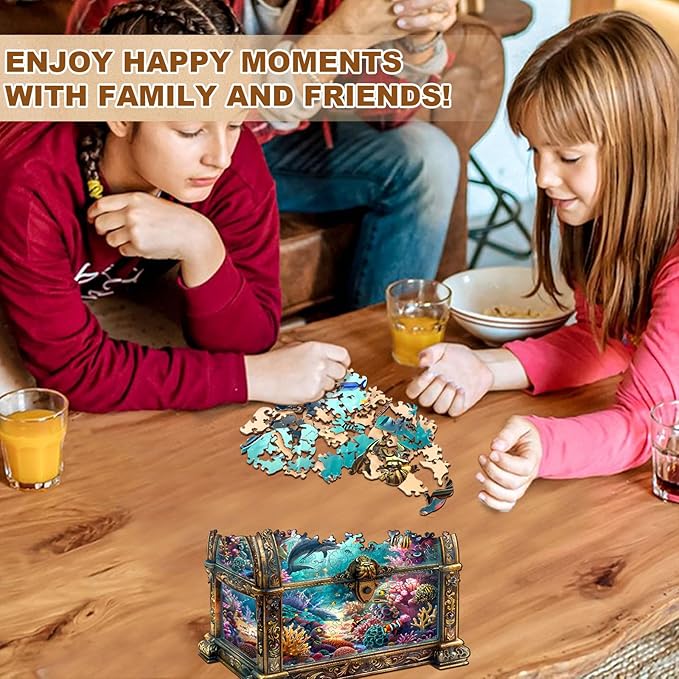 Wooden Puzzles for Adults, Treasure Chest Ocean Wooden Jigsaw Puzzle Unique Shape Animal Wood Puzzles Adult 3D Visual Effect, Birthday Gifts for Puzzle Lovers Family Games (S-8.5 * 8.1in-100pcs)
