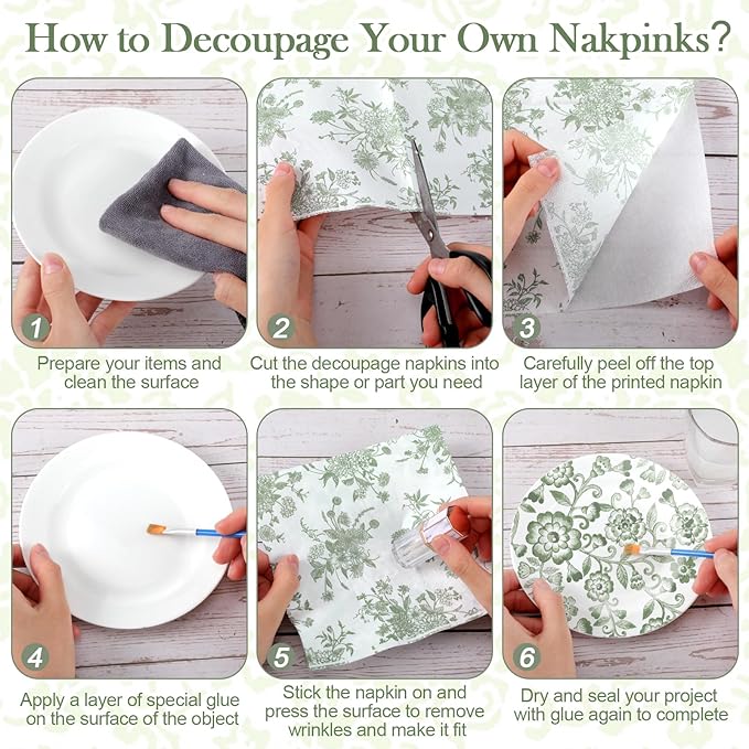 Epakh 36 Pack 6 Style Sage Green Decoupage Paper Napkins Assorted Floral Decorative Decoupage Napkin Chinoiserie Cocktail Paper for DIY Crafting Fall Christmas Wedding Party Decor, Each Unfolded 13''