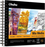 Mix Media Pad, Ohuhu Mixed Media Art Sketchbook, 120 LB/200 GSM Heavyweight Papers, 62 Sheets/124 Pages, Spiral Bound Mixed Media Paper Pad for Christmas Gift