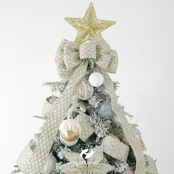 HUIHUANG Champagne Wired Ribbon 4 inch Glitter Christmas Tree Ribbon Diamond Mesh Wire Ribbon for X-mas Tree Decorations, Wreaths, Garland, Large Bows Making, Wedding Decor -10 Yards