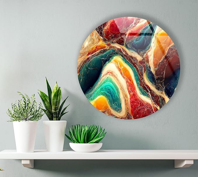 My Photostation.com 10''(25cm) Diameter Colorful Marble Swirl Round Wall Art Abstract Glass Decor with Earthy Tones & Gemstone Texture