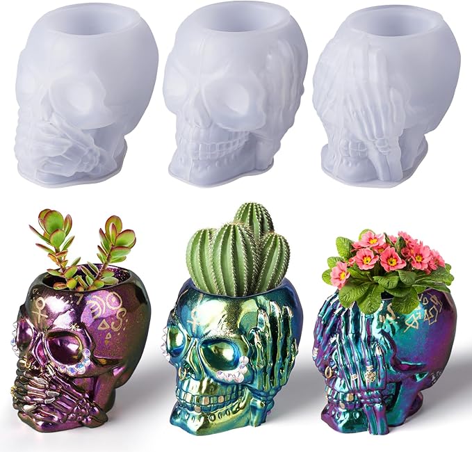 LET'S RESIN Skull Resin Molds, Hear-no, Speak-no, See-no 3 Pcs Skull Silicone Molds for Resin Crafts, Cute Epoxy Resin Molds Silicone for Resin Casting, DIY Craft, Home Decor
