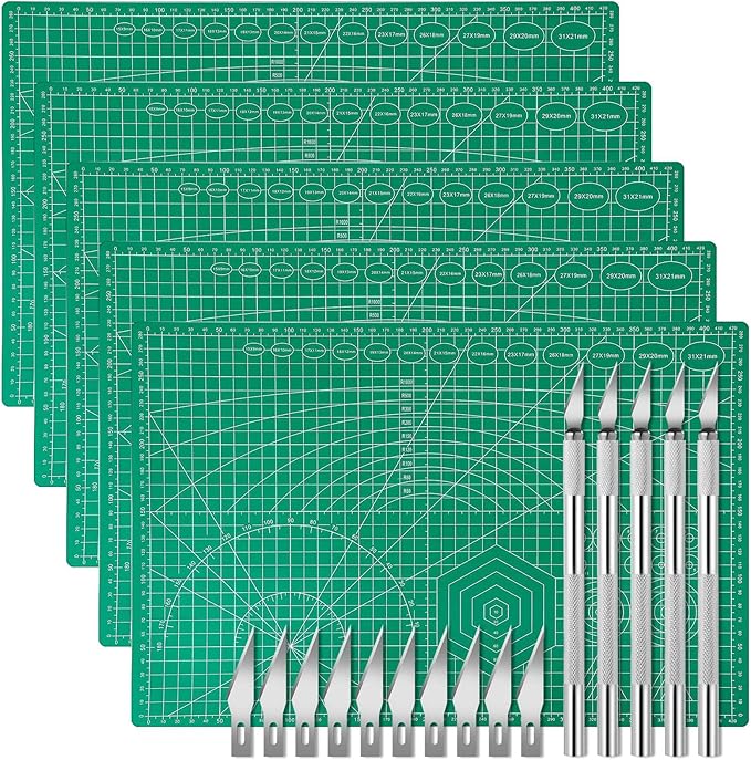 5 Pack Self Healing Cutting Mats and Exacto Knife Set, Sewing Mats with Precision Cutters and Extra 50Pcs SK5 Steel Blade 12" x 18" Work Mat for Crafts, Scrapbooking and Quilting