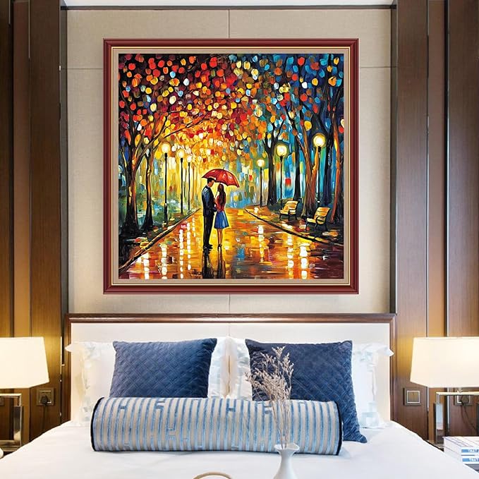 DMCXART Counted Cross Stitch Kits for Adults Needlepoint Kits Unprinted Cross Stitching Embroidery Kit 11CT Cross Stitch Supplies-Romantic Couple on a Rainy Night 18x18 inch