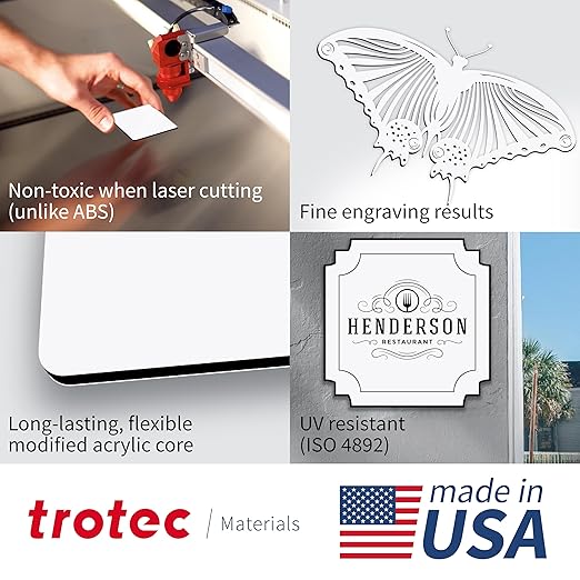 Trotec TroLase | 12"x12"x1/8", 8 Pcs | White/Black/White | 3 Ply | Modified Acrylic | Laser Engraving Double Color Plastic Sheet | Engraving Blanks for Laser, Saw, Guillotine | Made in USA