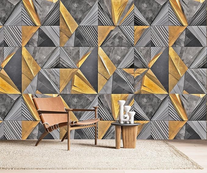 AFZEVEB-3D Geometric Wall Mural Gray and Gold Wallpaper for Bedroom 114"x74"(Not Peel and Stick)