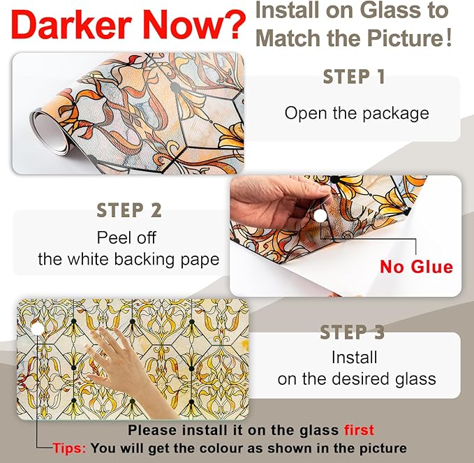 3D Stained Glass Window Privacy Film, Heat Control UV Blocking Static Cling Decorative Window Film for Bathroom,Front Door,Home Non Adhesive 35.4 x 78.7 inches Golden Filigree