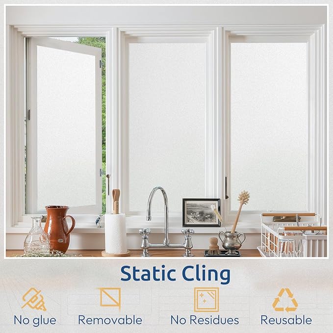 rabbitgoo Window Privacy Film, Non-Adhesive Frosted Glass Window Film for Bathroom, Static Cling Heat Blocking Stickers for Home Indoor Opaque Frosting Coverings House Tint, Matte White 35.4" x 196.8"
