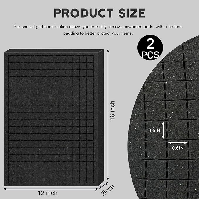 Pick and Pluck Foam Sheets, 2Pcs 16 x 12 x 2 Inch Pick Apart Foam Insert for Camera Storage, Crafts, Tool Box, Storage Drawer