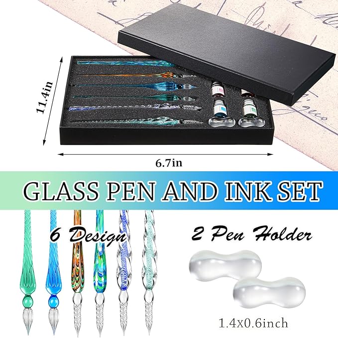 Zonon Glass Dipped Pen Ink Set 14 Pcs Include 6 Pcs Glass Dip Pen, 6 Colorful India Ink and 2 Holder Crystal Signature Calligraphy for Art, Writing, Signatures, Gift(Green Color System)