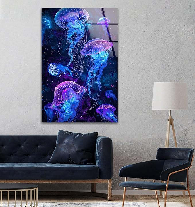 My Photostation.com 32Wx48H'' Glowing Jellyfish Glass Wall Art Tempered Glass Printing Wall Decor Large Wall Art Wall Hangings