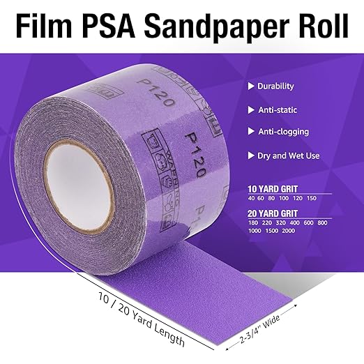 2000 Grit PSA Purple Film Ceramic Sandpaper Roll, 2-3/4" Wide Continuous 20 Yard Longboard Sanding Roll Wet Dry Sanding Blocks Self Adhesive Sticky Back Sanding Sheets for Woodworking Automotive