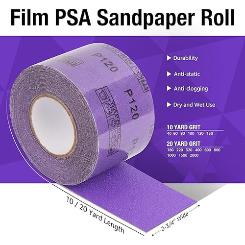 1000 Grit PSA Purple Film Ceramic Sandpaper Roll, 2-3/4" Wide Continuous 20 Yard Longboard Sanding Roll Wet Dry Sanding Blocks Self Adhesive Sticky Back Sanding Sheets for Woodworking Automotive