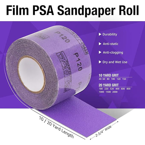 100 Grit PSA Purple Film Ceramic Sandpaper Roll, 2-3/4" Wide Continuous 10 Yard Longboard Sanding Roll Wet Dry Sanding Blocks Self Adhesive Sticky Back Sanding Sheets for Woodworking Automotive