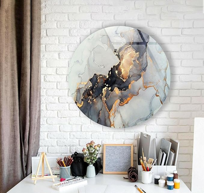 My Photostation.com 27.5''(70cm) Diameter Gold Details Gray Marble Round Glass Wall Art Tempered Glass Printing Wall Decor Large Wall Art Wall Hangings