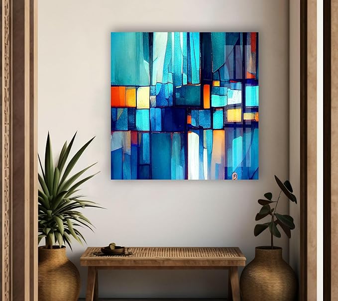 My Photostation.com 35.5Wx30H'' Blue Vibrant Stained Glass Wall ArtTempered Glass Printing Wall Decor Large Wall Art Wall Hangings