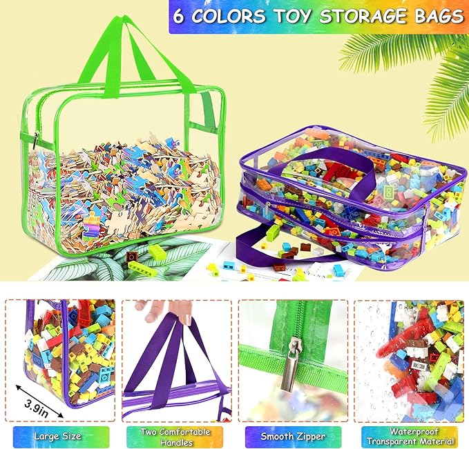 OPELETNNT 6 Color Large Toy Storage Bags with Labels, Reusable Clear PVC Board Game Storage, Travel Waterproof Organizer Bags with Zipper for Building Blocks, Puzzle, Kids Books