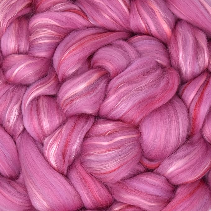 Merino Silk Luxe Tonal Designer Blend. Superfine Merino, Mulberry Silk, Tussah Silk. Top Roving for Spinning or Felting. Pink Petal 1oz